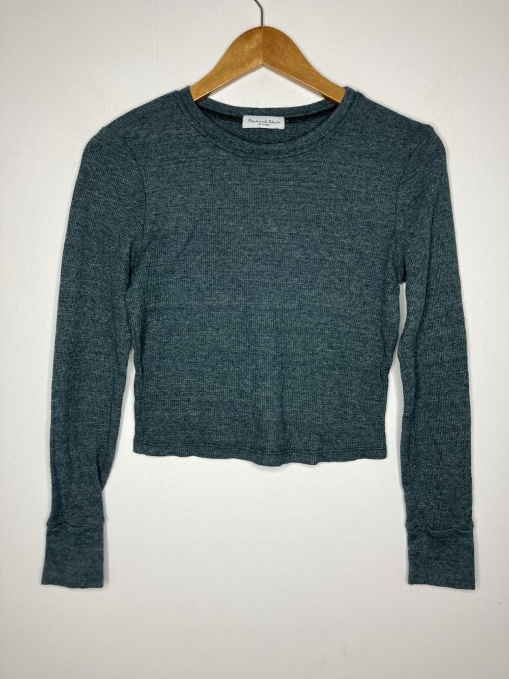 Michael Stars Women's Teal Waffle Knit Thermal Long Sleeve Crop Top Size Small
